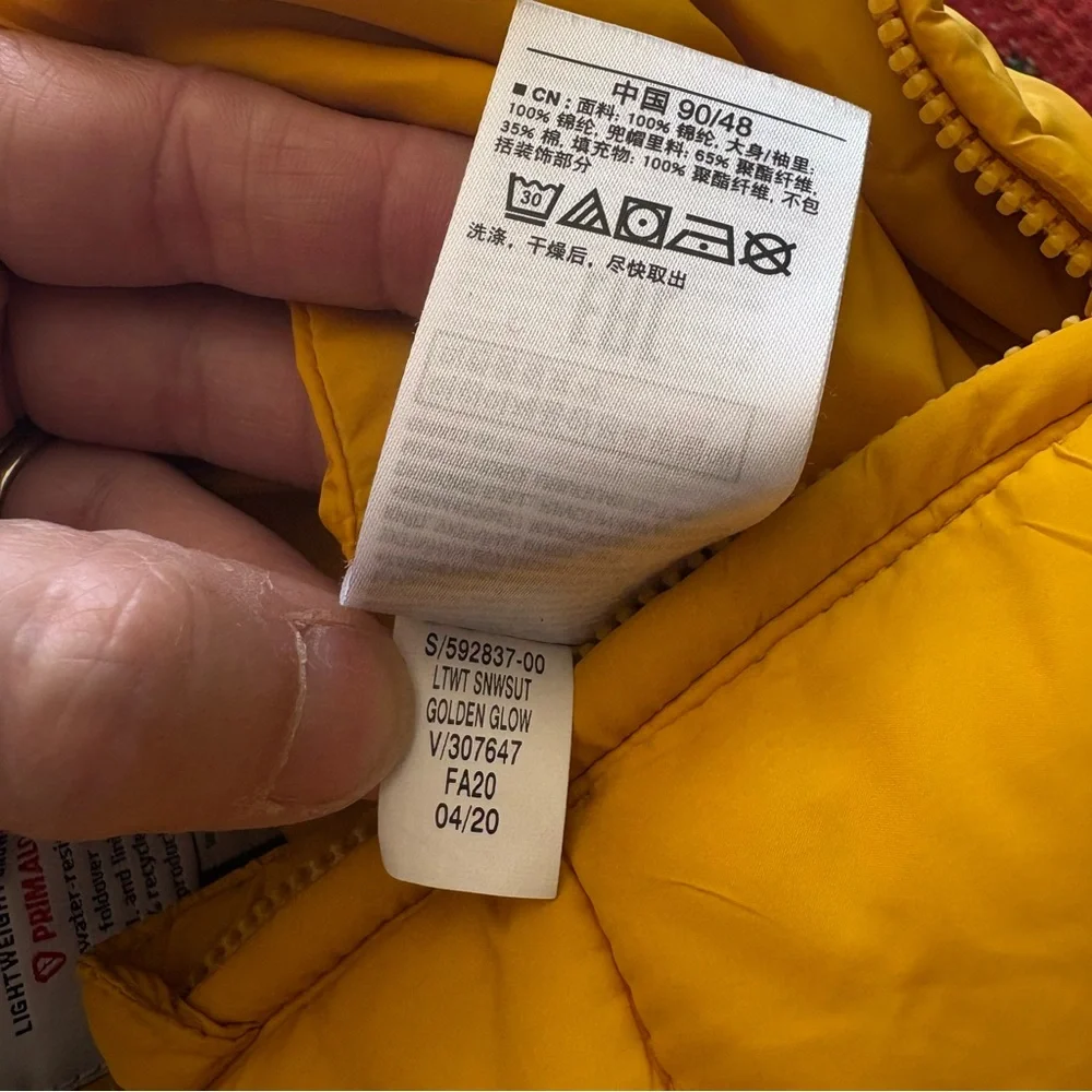 GAP Lightweight Yellow Snowsuit with Fold-Over Mitts Bear Hood Size 18-24 Months
